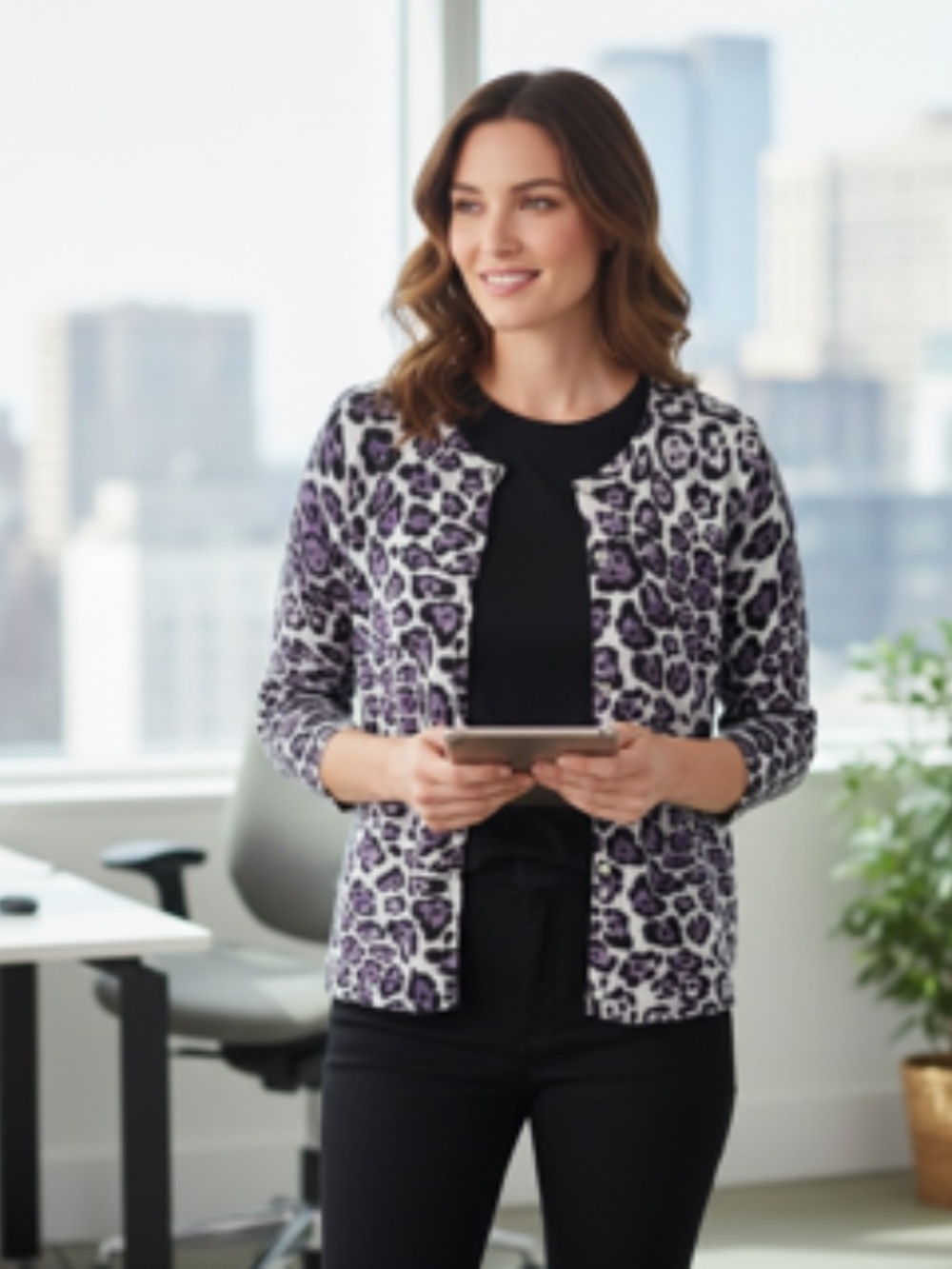 Roz & Ali Leopard/Animal Print Button-Front Cardigan Sweater Size XL